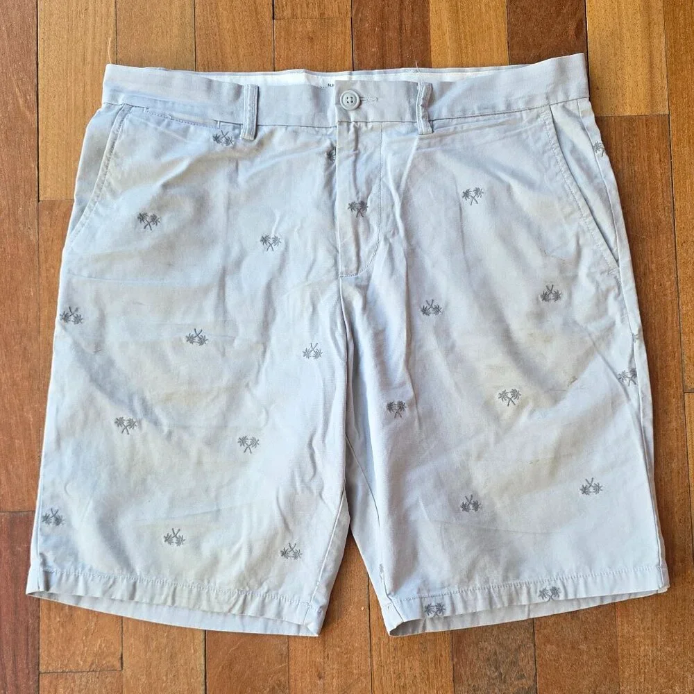 Old Navy Gray Embroidered Palm Trees Flat Front Slim Shorts Size 34
